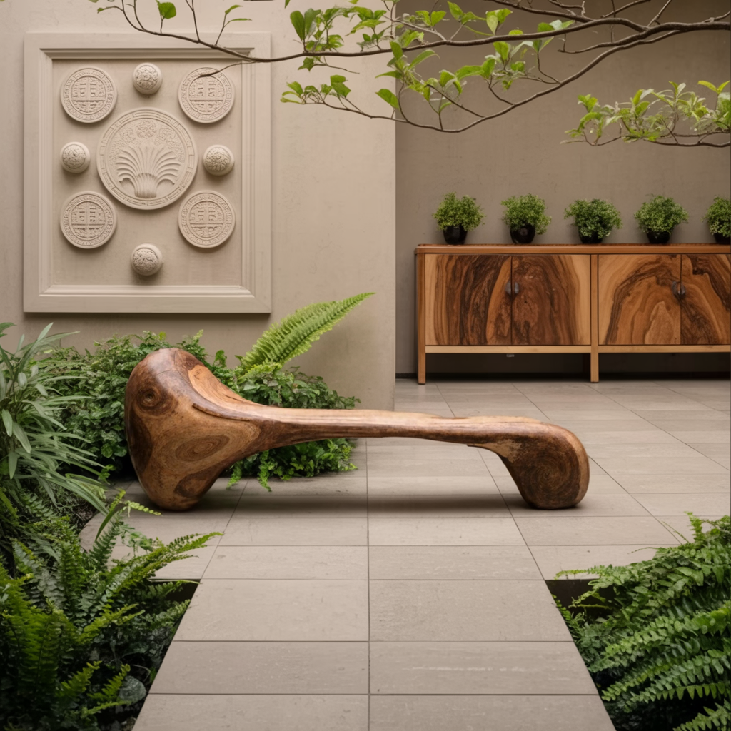 Sculptural Wood Bench For Garden Poolside Or Patio Kitchnce