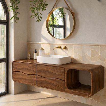 Floating Solid Wood Bathroom Vanity with Drawers and Open Shelf Kitchnce