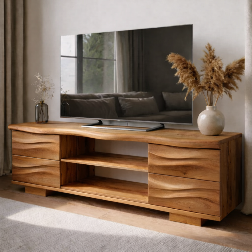 Solid Wood TV Stand with Drawers and Open Shelves for Natural Style Interiors Kitchnce
