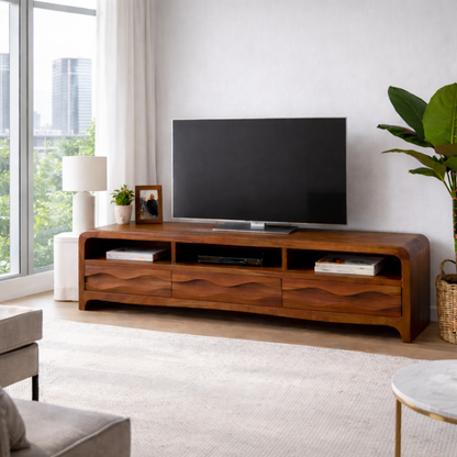 Solid Wood TV Stand with Wave-Front Drawers and Open Shelf for Stylish Living Spaces Kitchnce