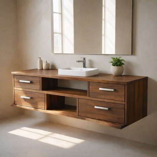 Floating Solid Wood Bathroom Vanity with Drawers and Open Shelf for Modern Bathrooms Kitchnce