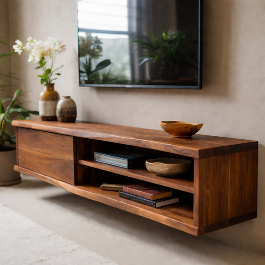 Floating Solid Wood TV Stand with Drawer and Open Shelves for Modern Living Rooms Kitchnce
