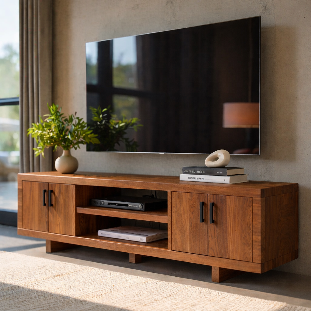Modern Solid Wood TV Stand with Storage Cabinets and Open Media Shelf Kitchnce