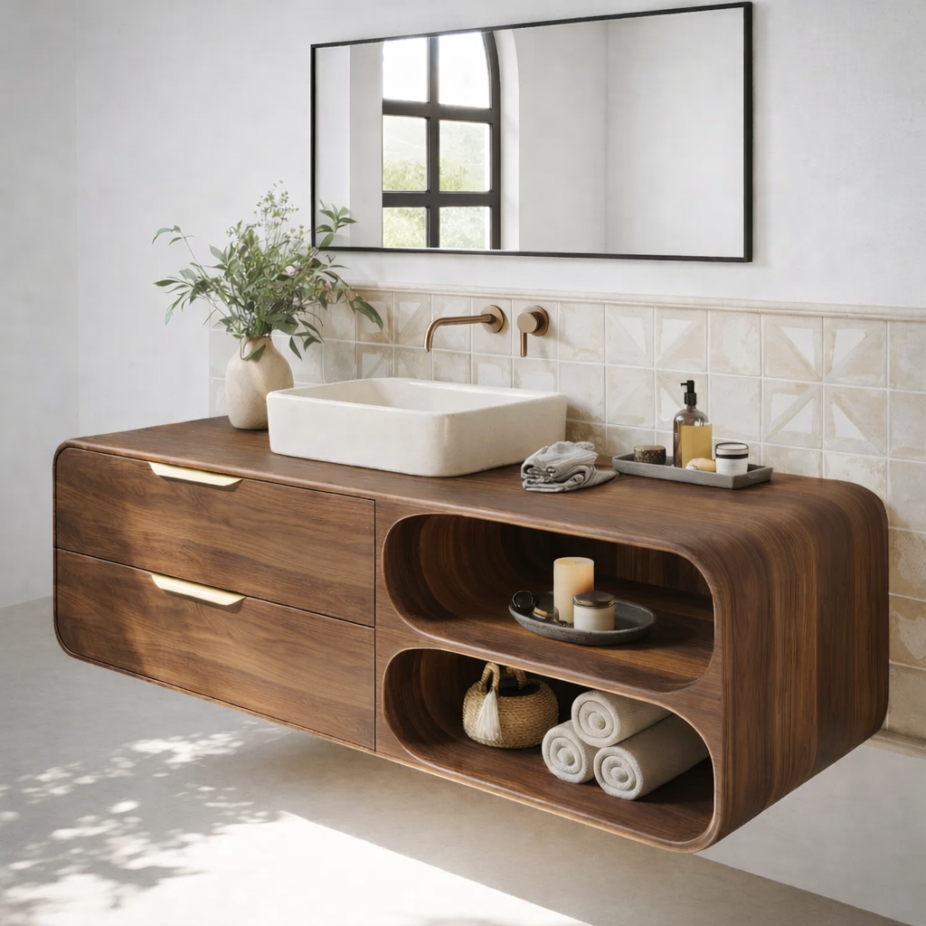 Floating Solid Wood Bathroom Vanity with Drawers and Open Curved Shelves for Modern Bathrooms Kitchnce