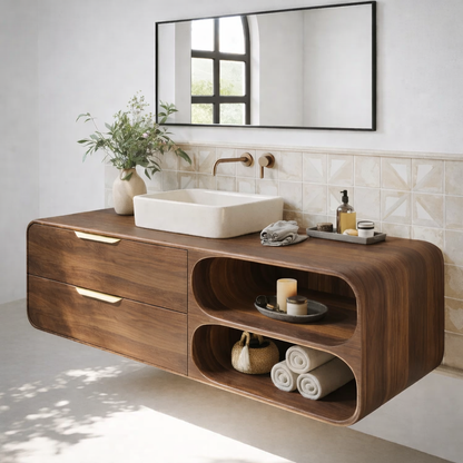 Floating Solid Wood Bathroom Vanity with Drawers and Open Curved Shelves for Modern Bathrooms Kitchnce