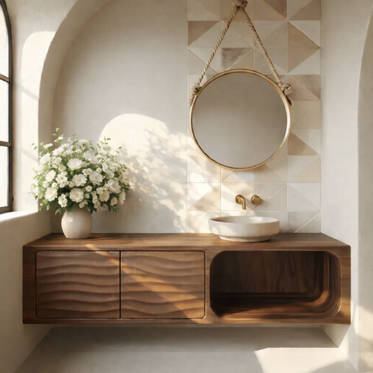 Floating Solid Wood Bathroom Vanity with Textured Cabinet Doors and Open Shelf for Contemporary Homes Kitchnce
