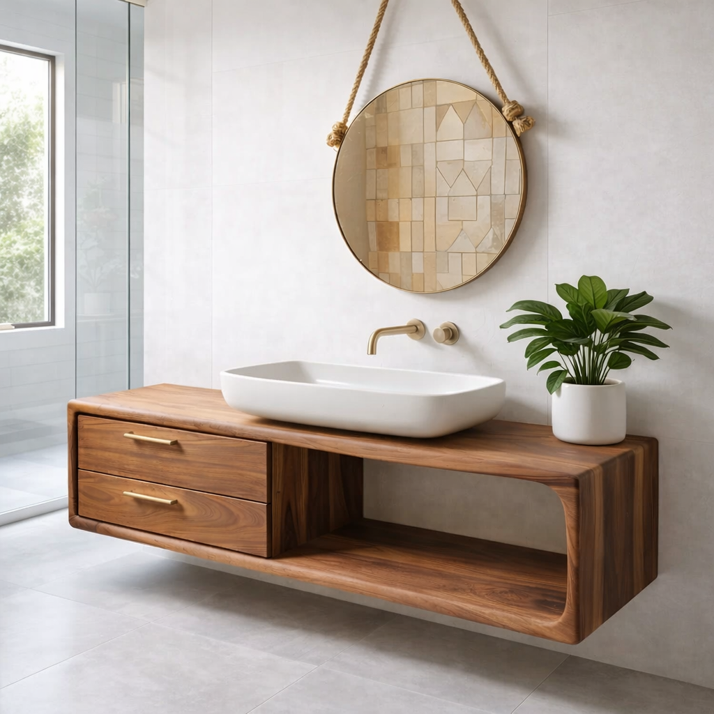 Modern Solid Wood Floating Bathroom Vanity with Double Drawers and Open Shelf Kitchnce
