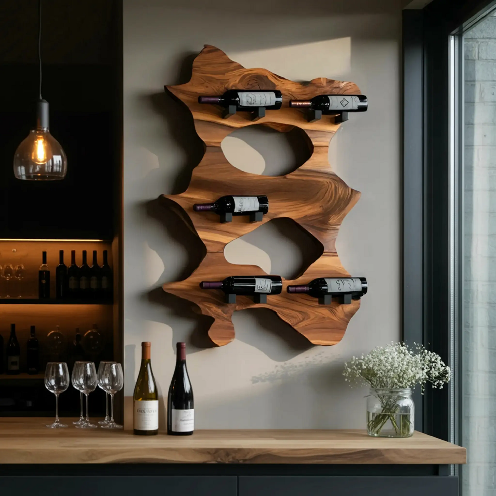 Rustic Solid Wood Live Edge Wine Rack For Entryway Kitchnce