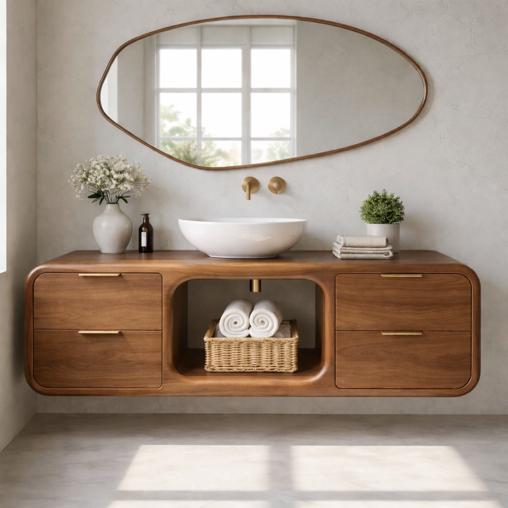 Modern Floating Solid Wood Bathroom Vanity with Open Center Shelf and Drawer Storage Kitchnce