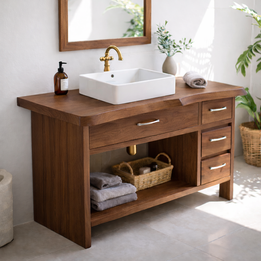 Modern Solid Wood Bathroom Vanity with Multiple Drawers and Open Storage Shelf Kitchnce