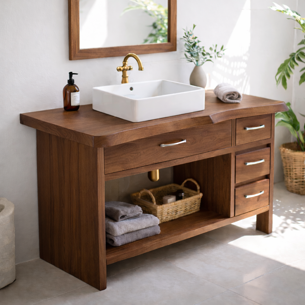 Modern Solid Wood Bathroom Vanity with Multiple Drawers and Open Storage Shelf Kitchnce