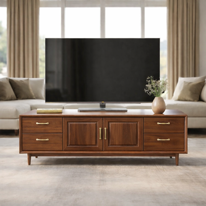 Mid-Century Solid Wood TV Stand with Drawers and Cabinet Storage Kitchnce
