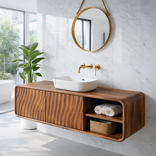 Modern Floating Solid Wood Bathroom Vanity with Wave Grain Cabinet Doors Kitchnce