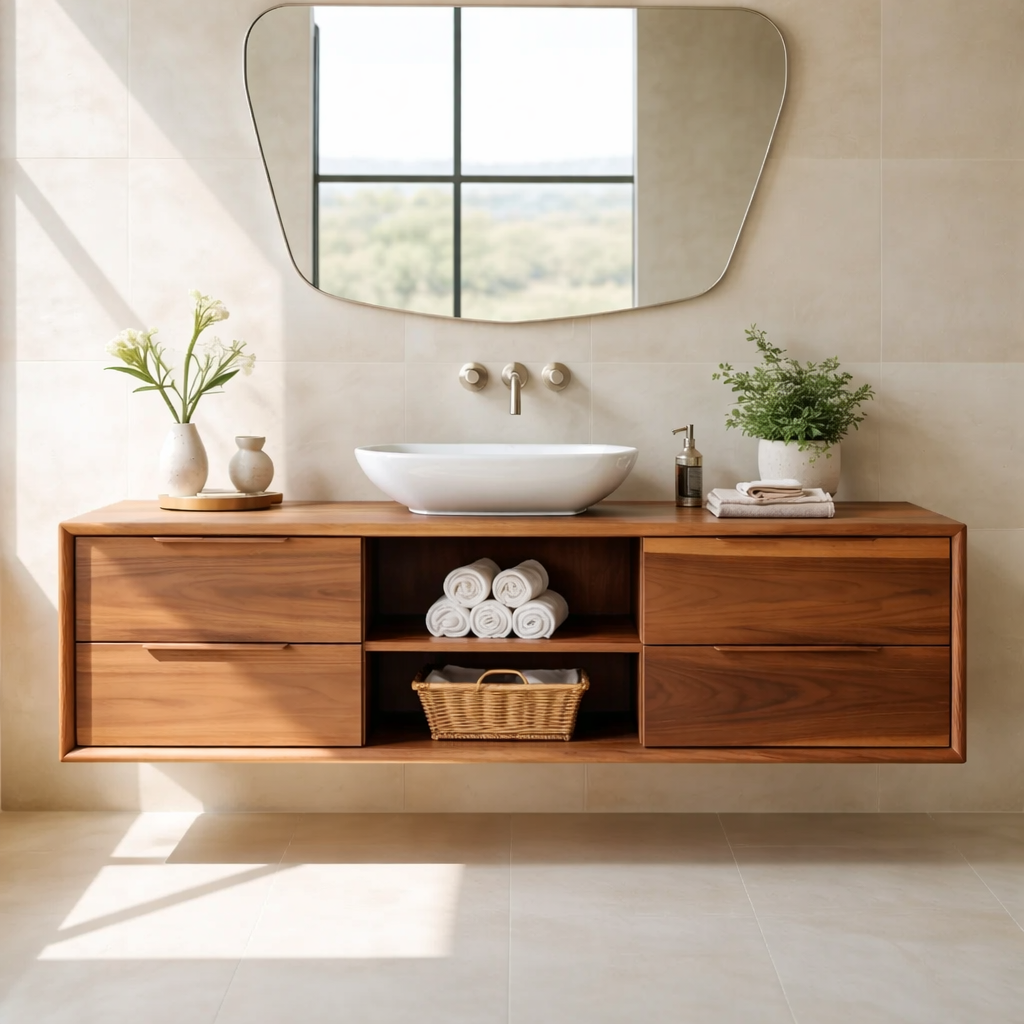 Modern Floating Oak Bathroom Vanity with Open Shelf and Double Drawer Storage Kitchnce