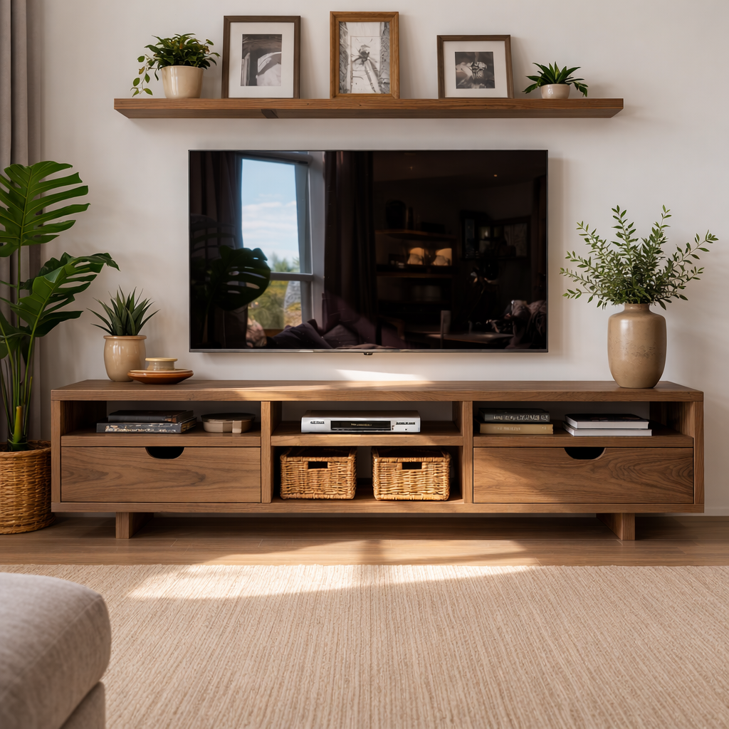 Modern Solid Wood TV Stand with Open Storage and Minimalist Drawers
