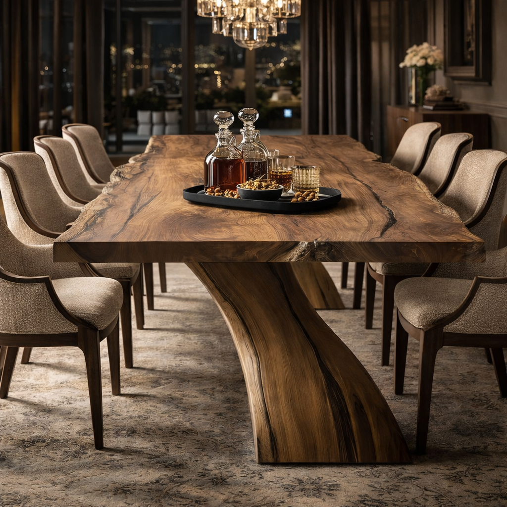 Live Edge Solid Wood Dining Table with Curved Base