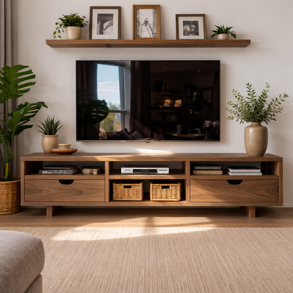 Modern Solid Wood TV Stand with Open Storage and Minimalist Drawers Kitchnce