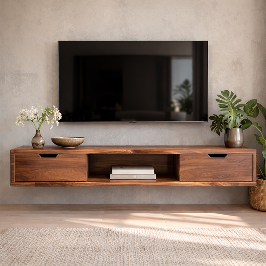 Floating Walnut Wood TV Stand with Drawers and Open Media Shelf Kitchnce