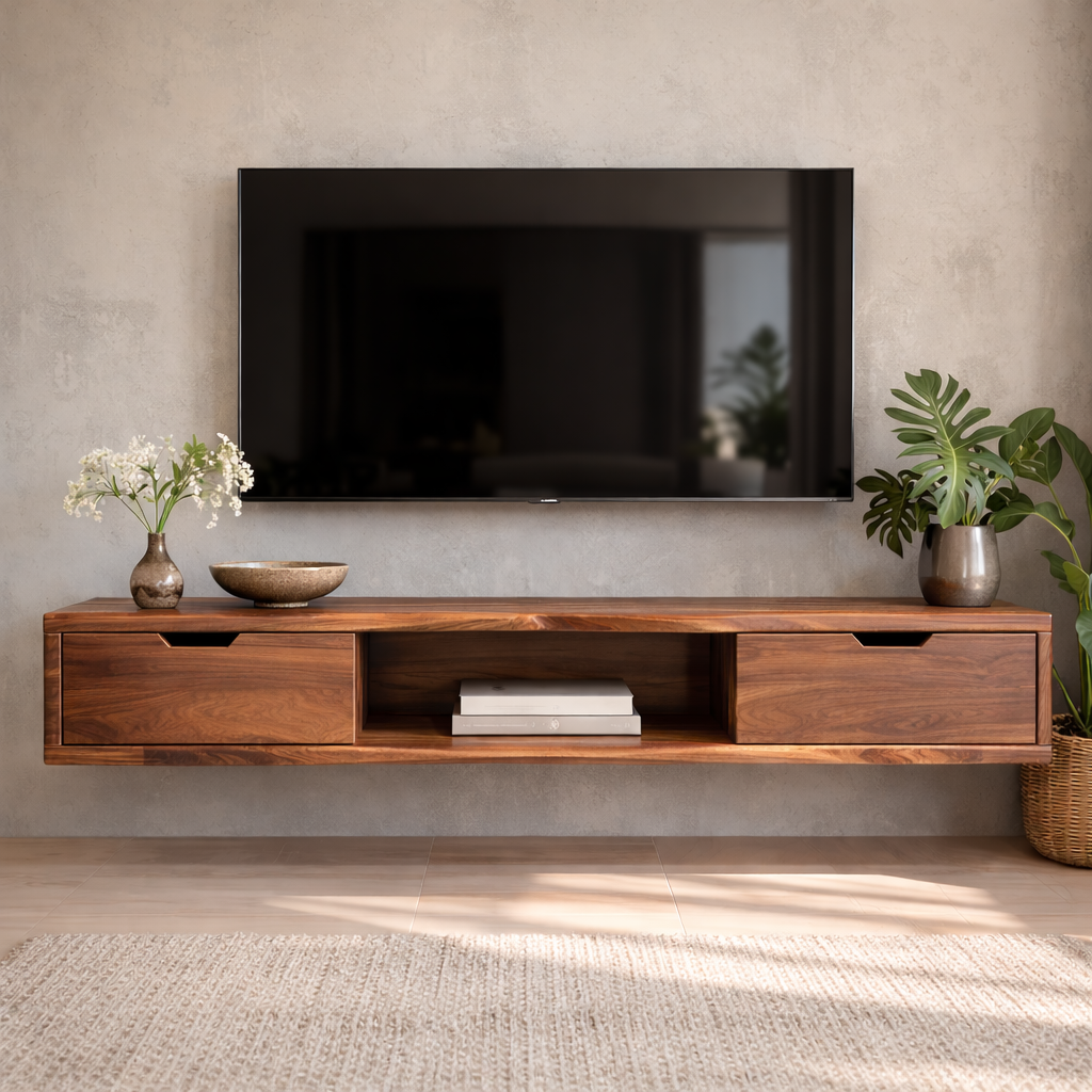 Floating Walnut Wood TV Stand with Drawers and Open Media Shelf Kitchnce