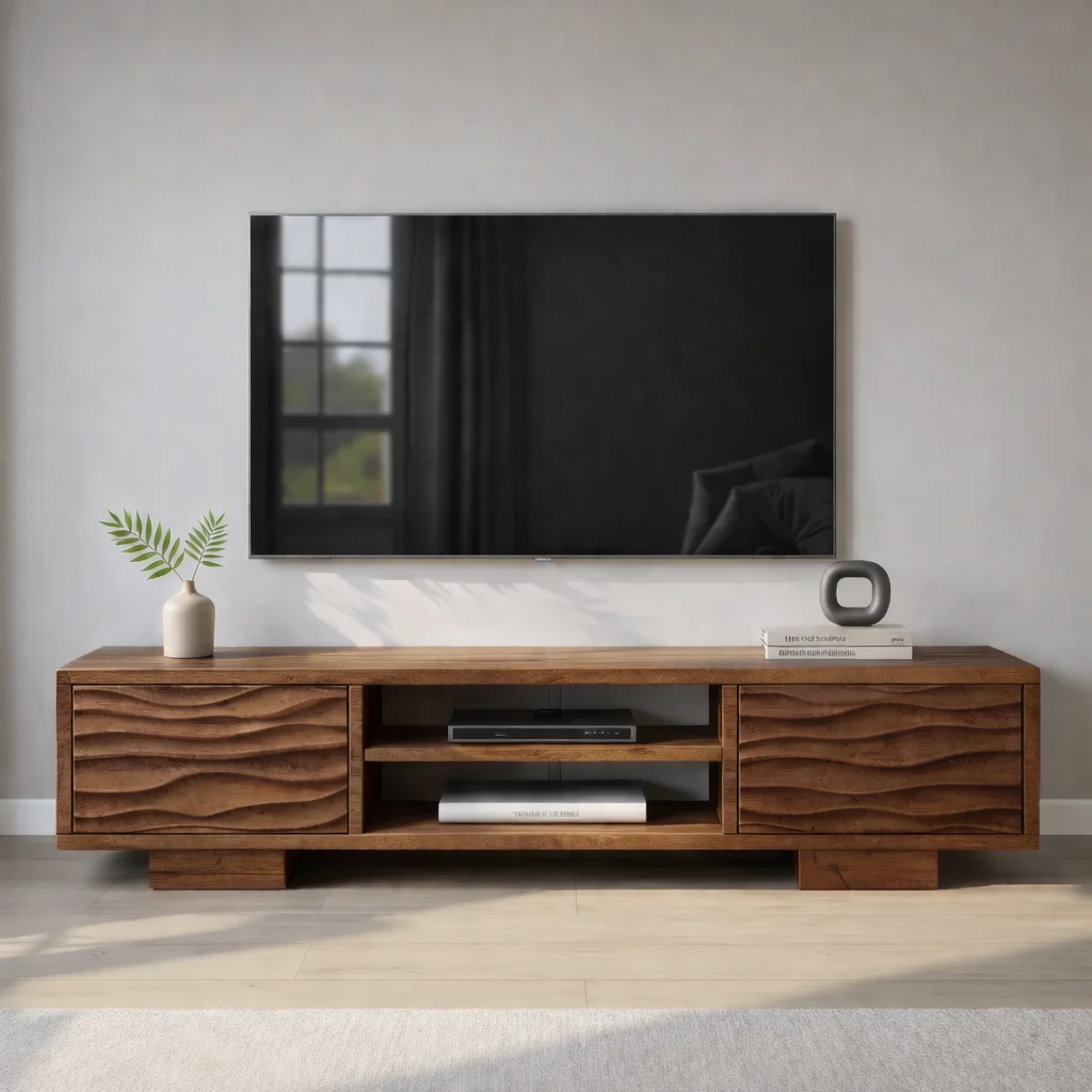 Modern Solid Wood TV Stand with Wave Front Drawers and Open Media Shelf Kitchnce