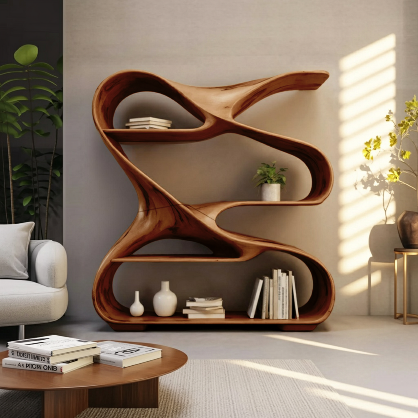 Modern Sculptural Wooden Bookshelf For Living Room Or Office Display Kitchnce