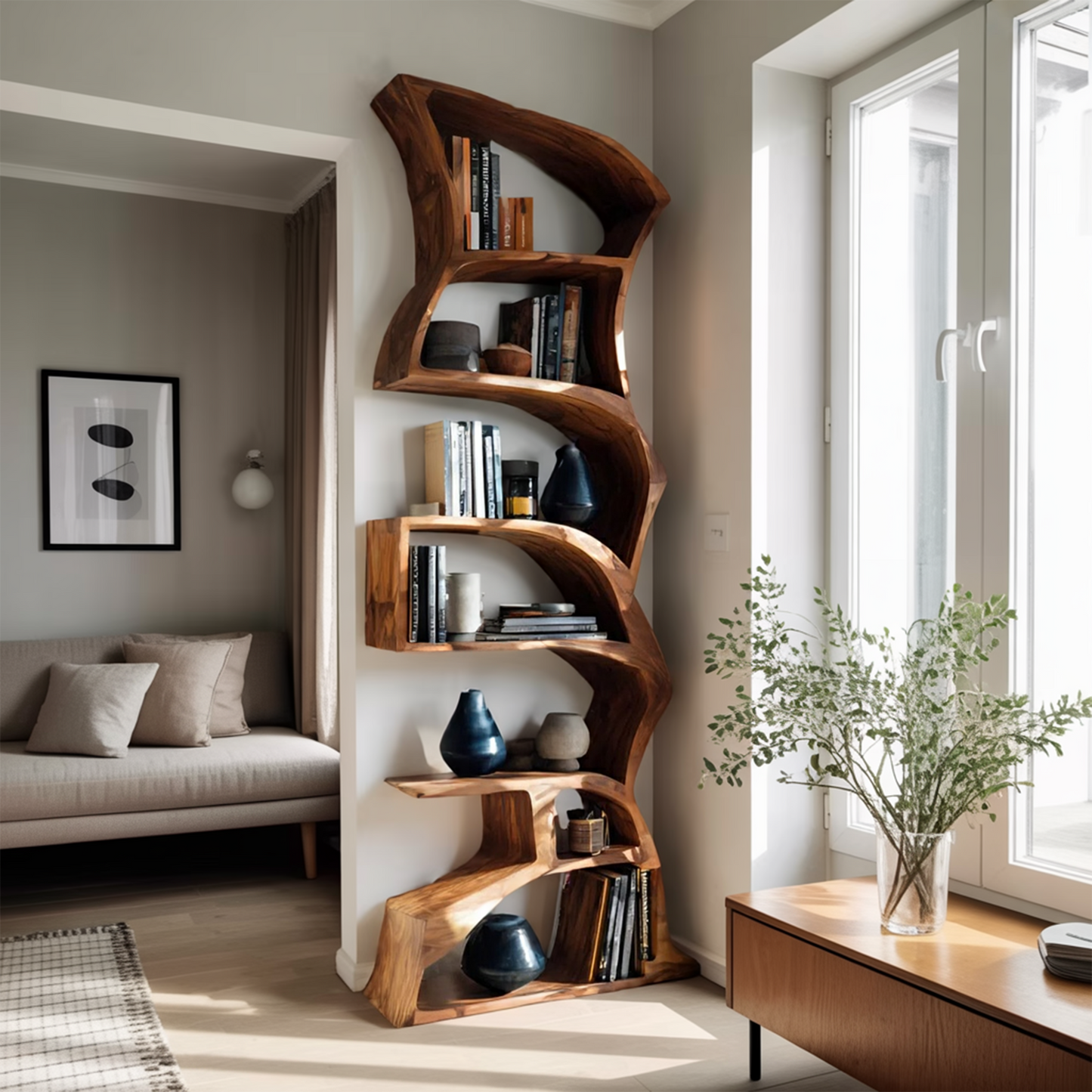 Modern Bookshelf With Curved Design For Study Kitchnce