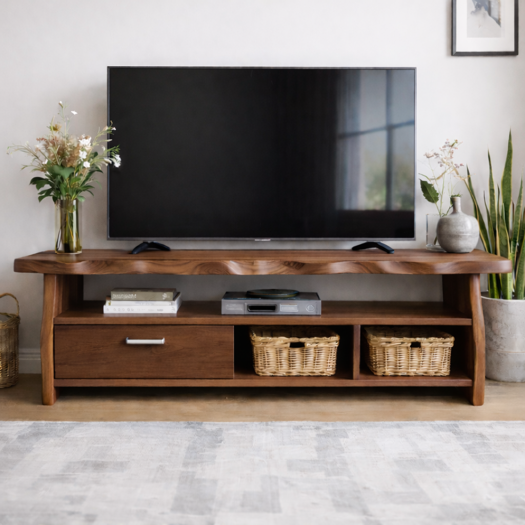 Mid-Century Solid Wood TV Stand with Drawer and Open Storage Shelves Kitchnce
