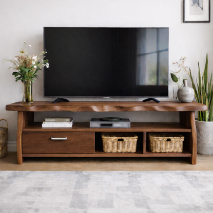 Mid-Century Solid Wood TV Stand with Drawer and Open Storage Shelves Kitchnce