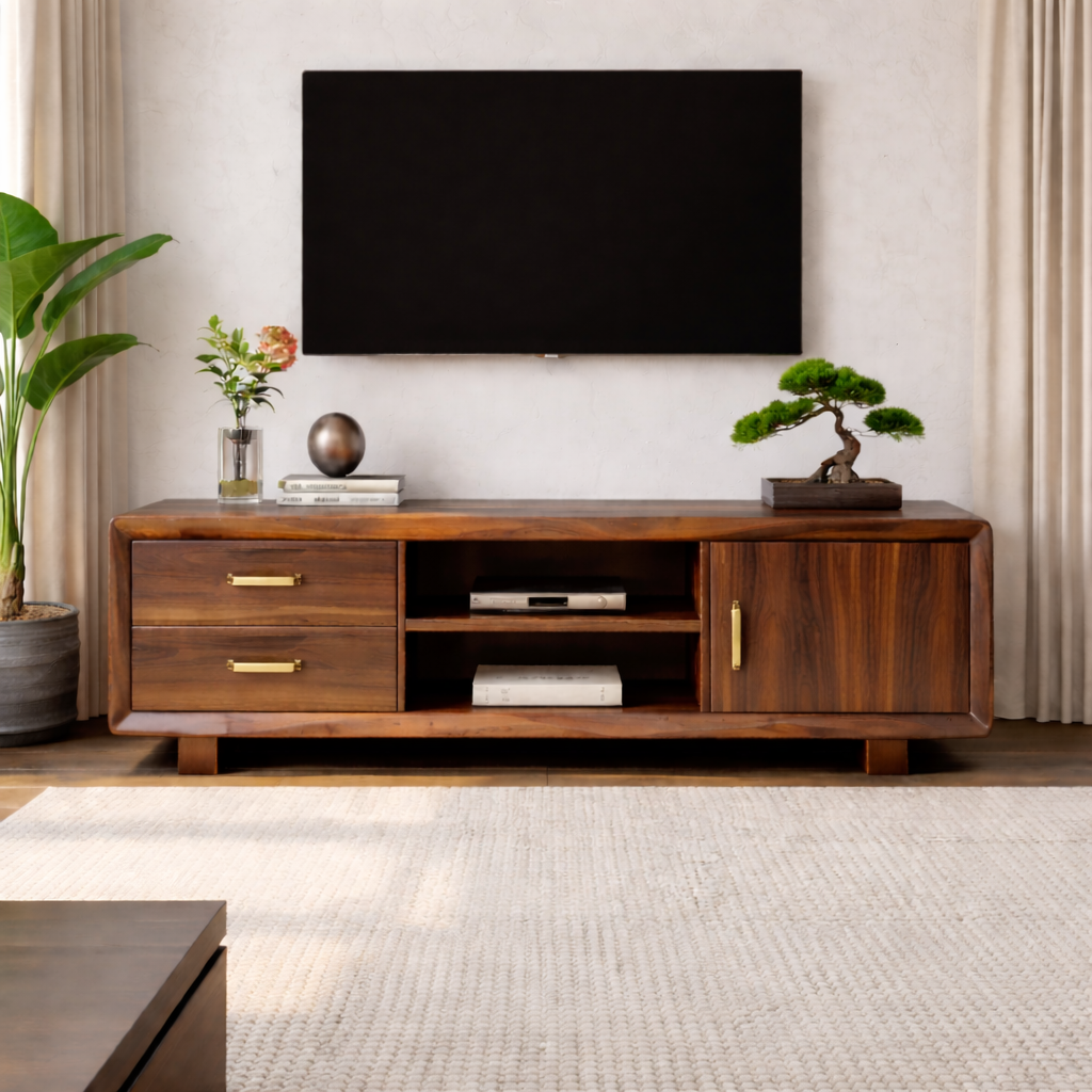 Modern Soild Wood TV Stand with Drawers, Cabinet Door, and Open Media Shelves Kitchnce