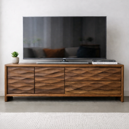 Modern Soild Wood TV Stand with Textured Wave Cabinet Doors and Storage Drawers Kitchnce