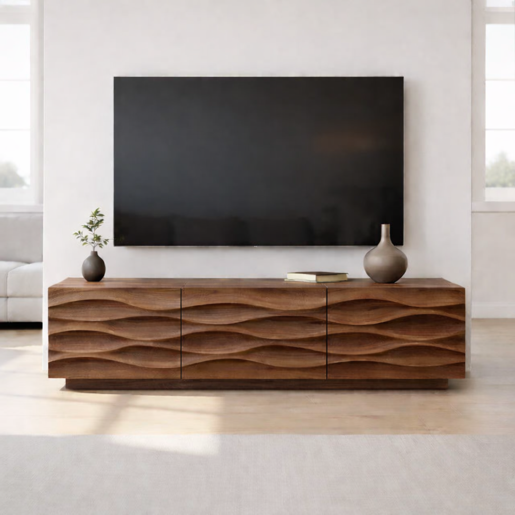 Modern Solid Wood TV Stand with Wave Front Design, Walnut Finish Media Console Cabinet Kitchnce