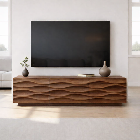 Modern Solid Wood TV Stand with Wave Front Design, Walnut Finish Media Console Cabinet Kitchnce