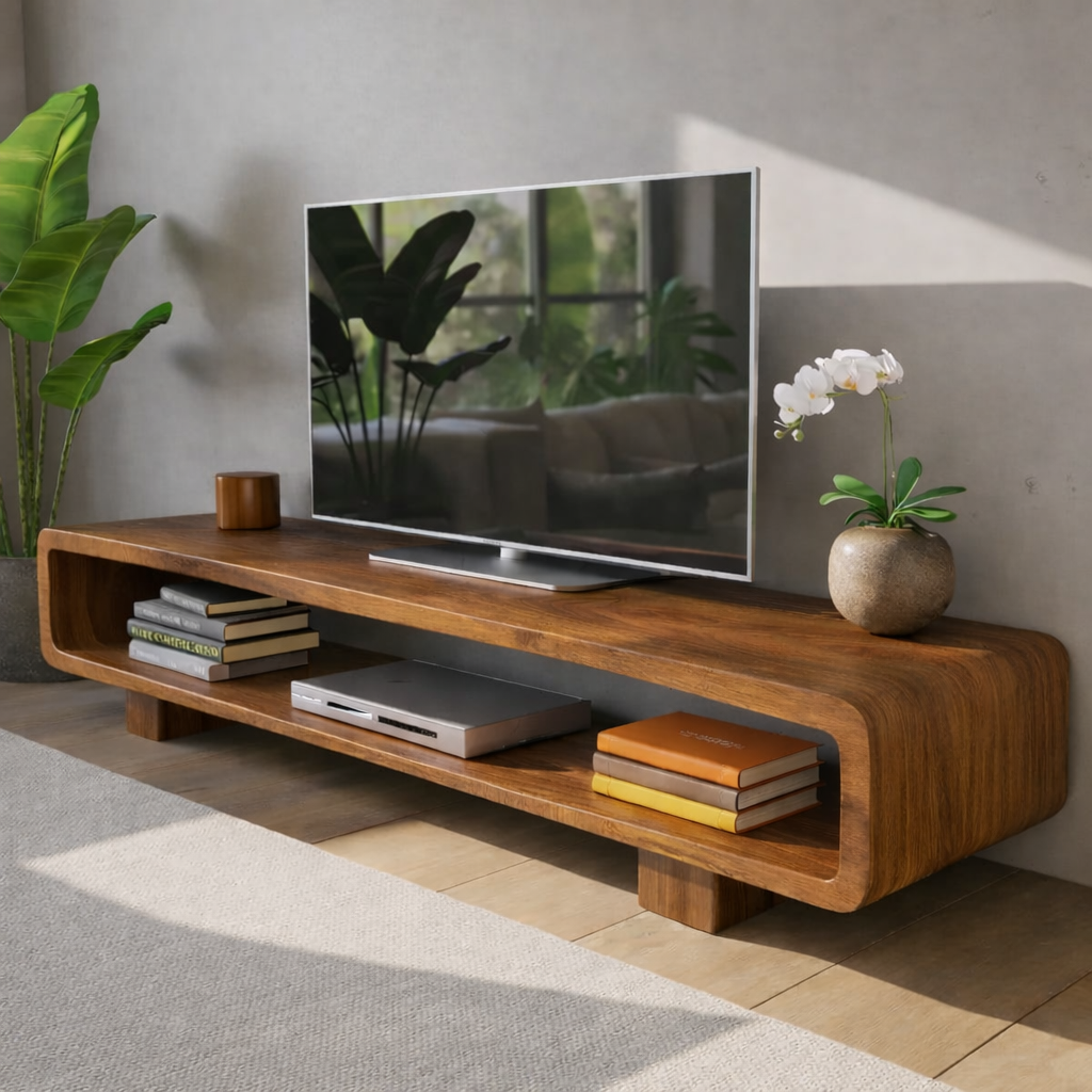 Modern Solid Oak TV Stand with Open Shelf Storage, Minimalist Wooden Media Console Kitchnce