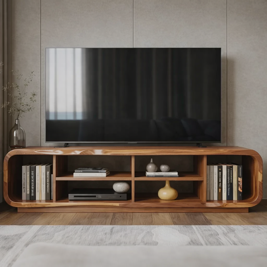 Modern Solid Wood TV Stand with Open Shelf Storage, Walnut Media Console for Living Room Kitchnce