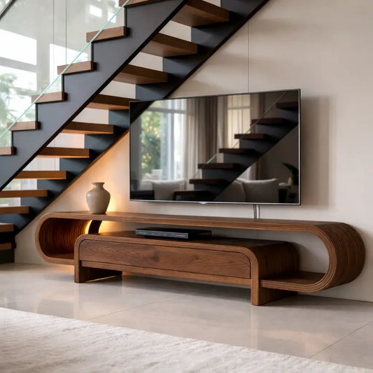 Curved Solid Wood TV Stand with Drawer and Shelf, Modern Walnut Media Console Table Kitchnce