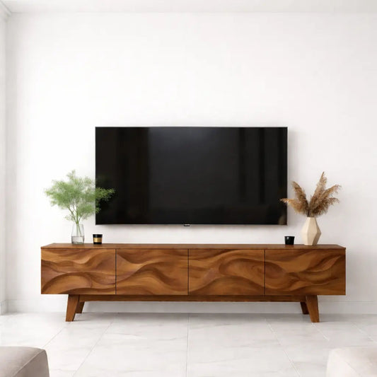 Wave Pattern Solid Wood TV Stand with Storage, Modern Media Console for Living Room Kitchnce