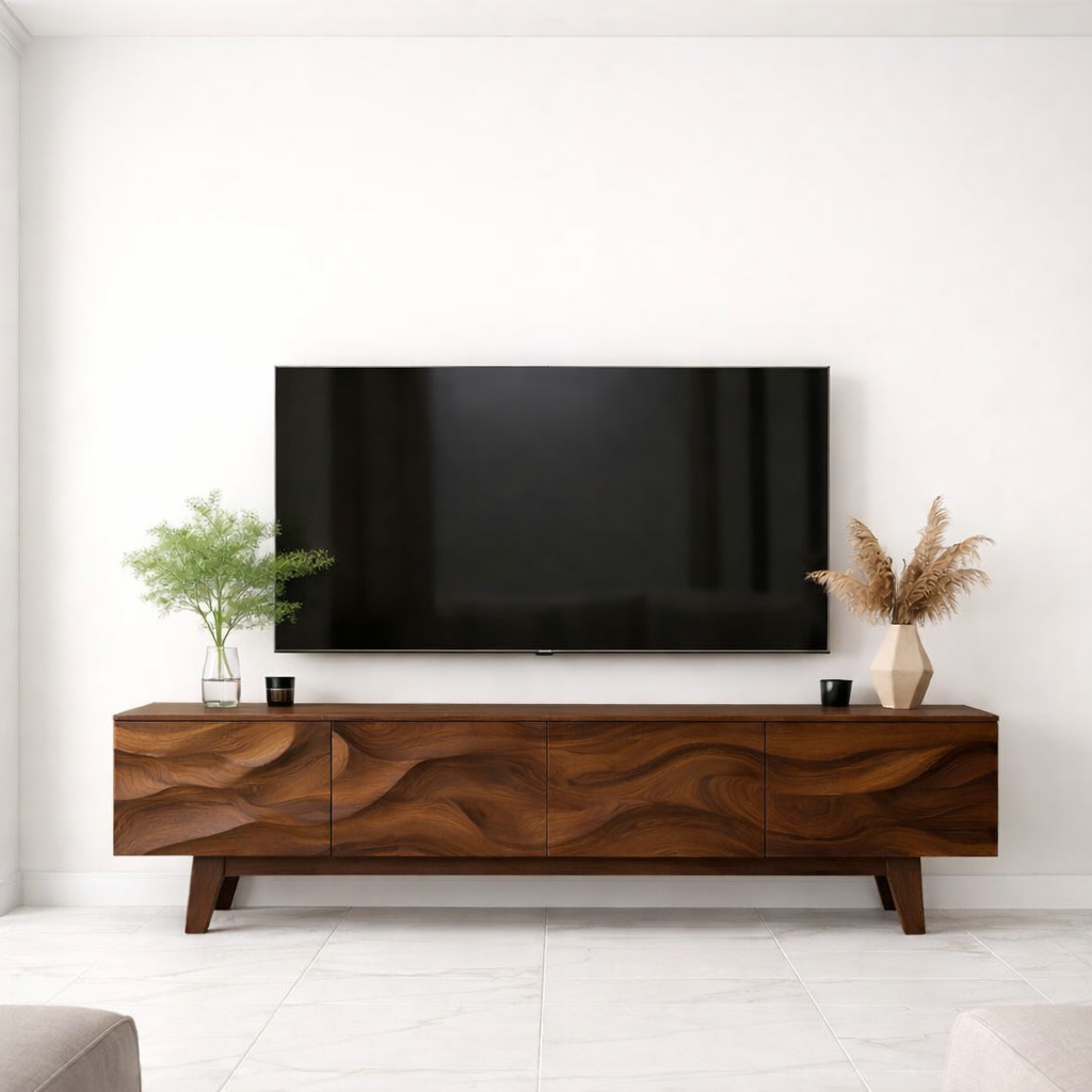 Wave Pattern Solid Wood TV Stand with Storage, Modern Media Console for Living Room Kitchnce