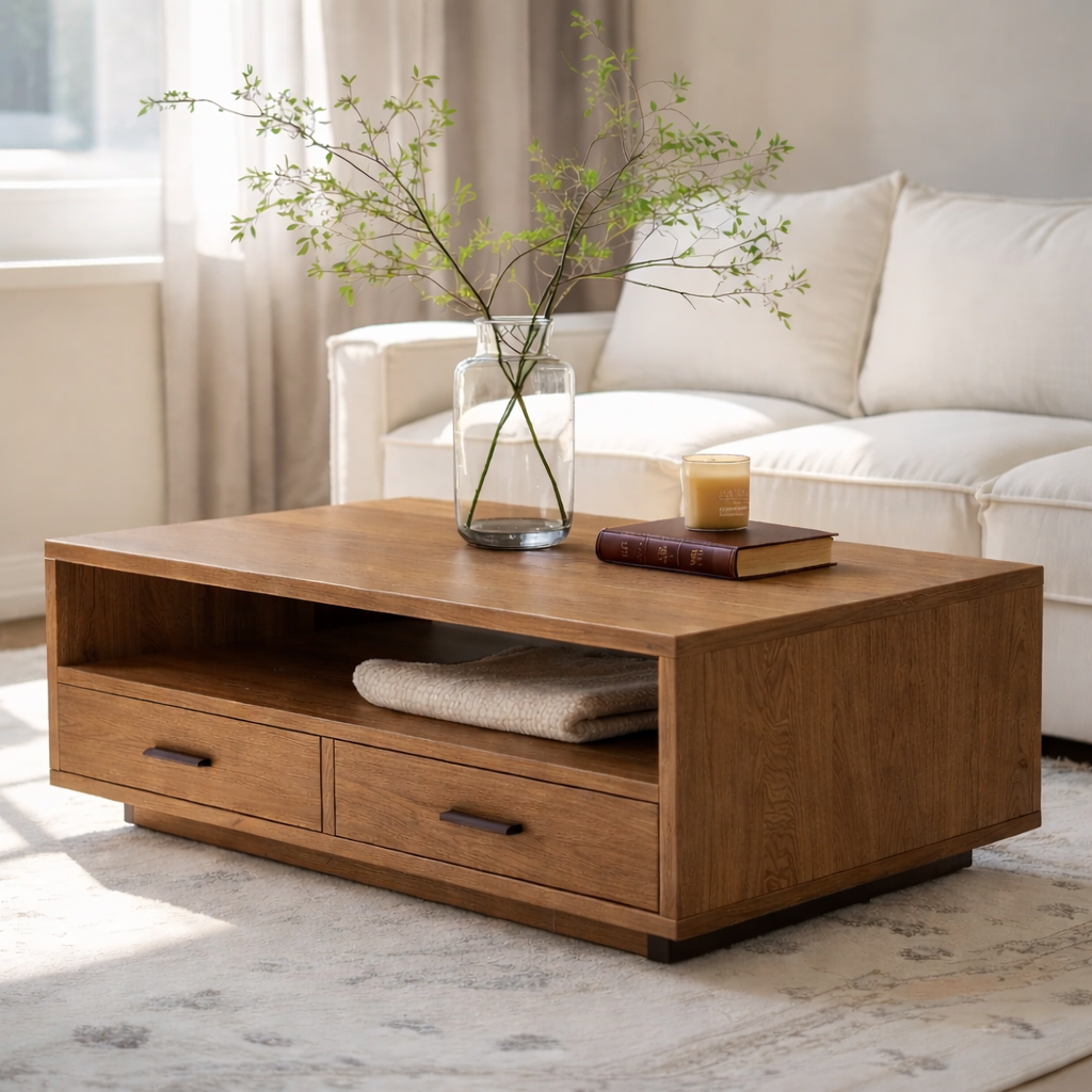 Solid Wood Coffee Table with Storage Drawers, Modern Design for Living Room