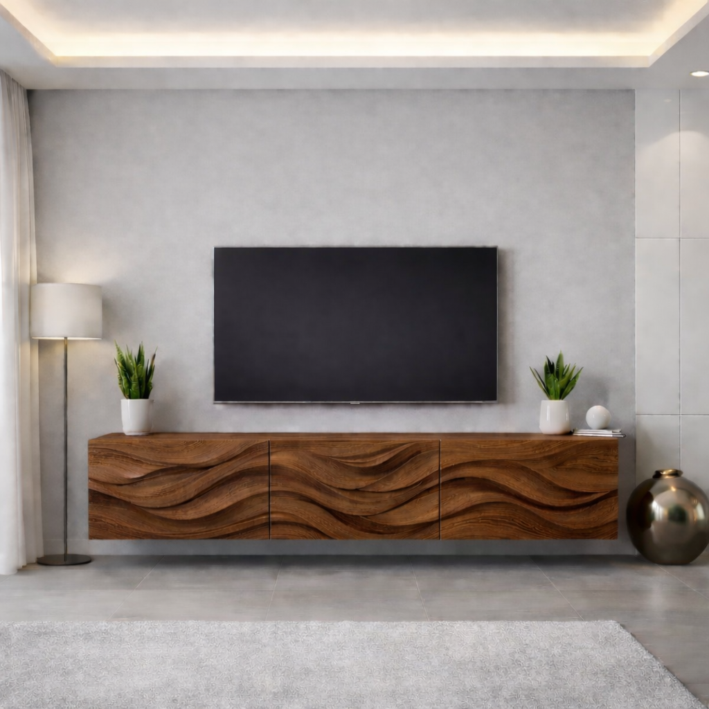 Wave Carved Solid Oak TV Stand with Modern Design, Stylish Media Console for Living Room Kitchnce