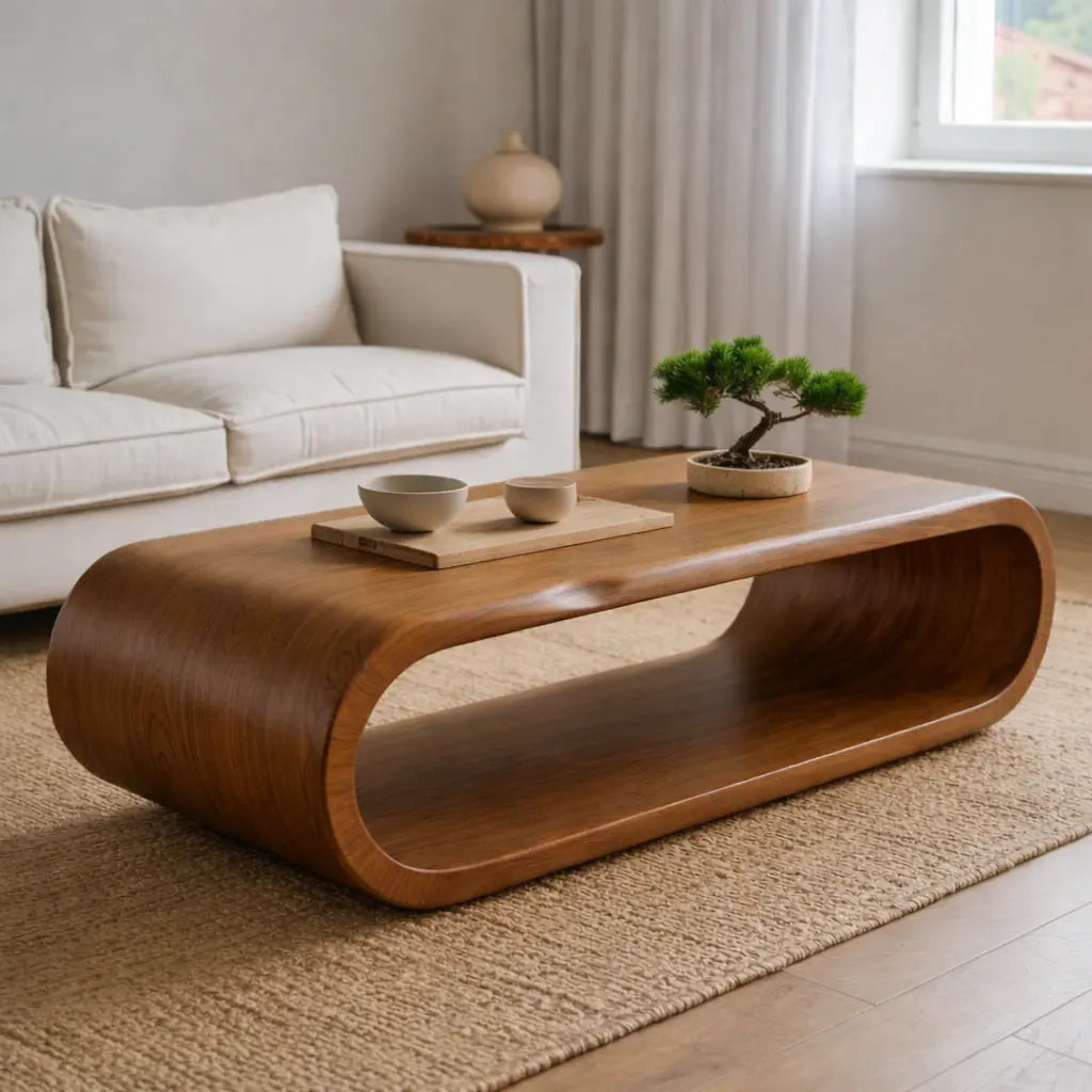Sculptural Walnut Coffee Table with Curved Design and Open Shelf, Modern Living Room Decor Kitchnce