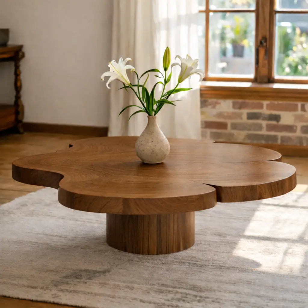 Organic Shaped Walnut Coffee Table with Pedestal Base, Modern Sculptural Design for Living Room Kitchnce
