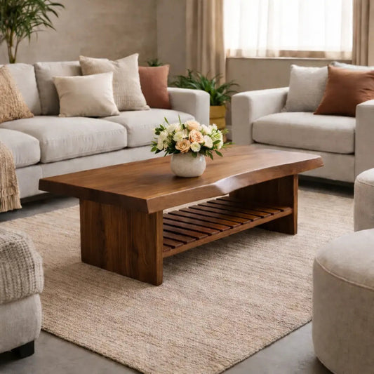 Live Edge Walnut Coffee Table with Slatted Shelf, Natural Modern Design for Living Room Kitchnce