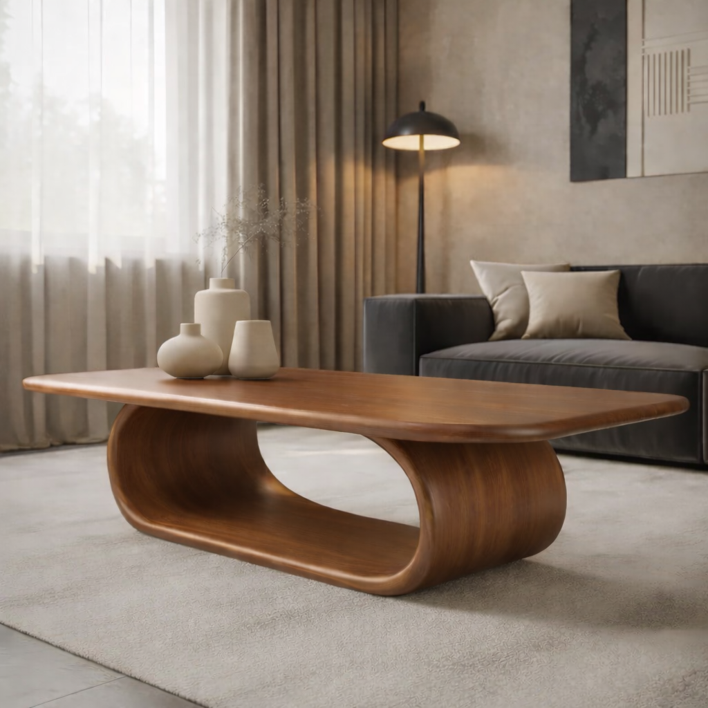 Sculptural Walnut Coffee Table with Curved Design and Open Shelf, Modern Living Room Décor Kitchnce