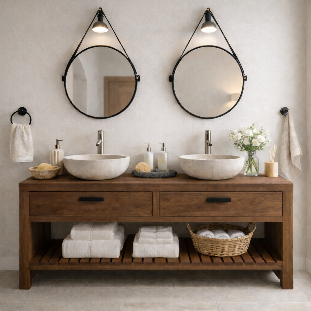 Scandinavian Solid Wood Double Sink Bathroom Vanity with Dual Drawers and Slatted Open Shelf