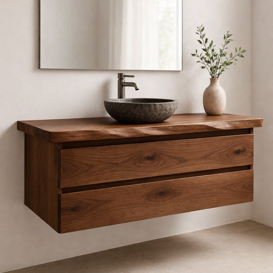 Floating Solid Wood Bathroom Vanity with Double Drawers – Modern Minimalist Wall Mounted Cabinet