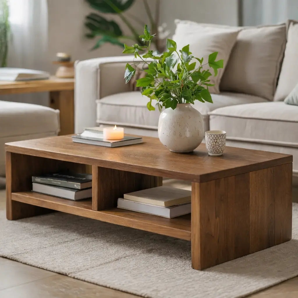 Solid Wood Coffee Table with Open Storage, Rustic Design for Living Room and Décor Kitchnce