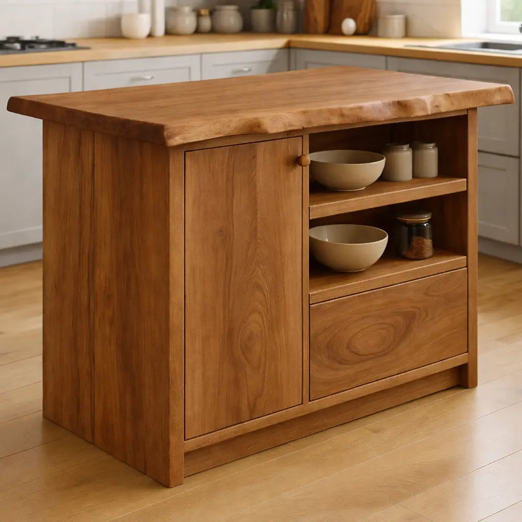 Solid Wood Kitchen Island with Cabinet and Open Shelves, Modern Oak Kitchen Prep Table Kitchnce