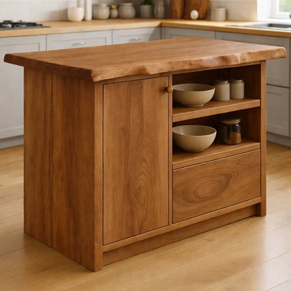 Solid Wood Kitchen Island with Cabinet and Open Shelves, Modern Oak Kitchen Prep Table Kitchnce