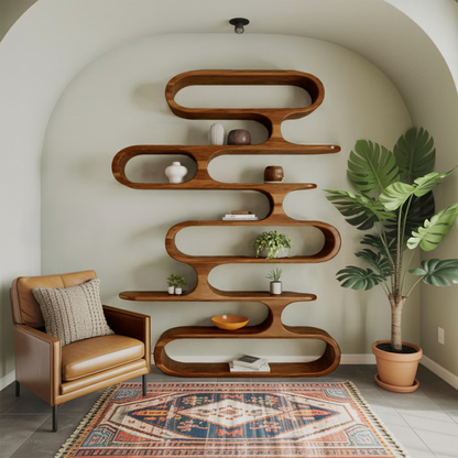 Mid Century Modern Wall Shelf With Flowing Shape For Living Room And Office Kitchnce