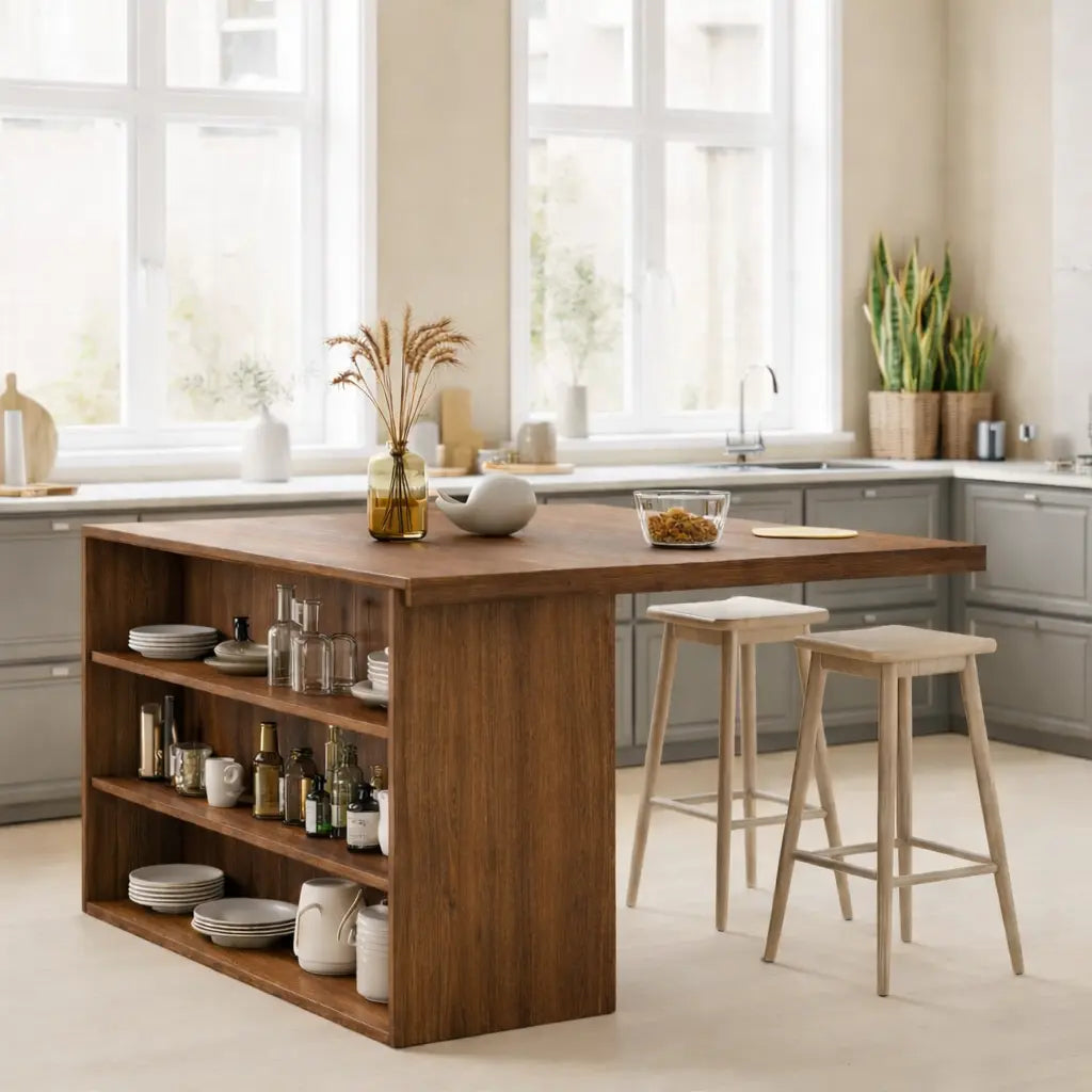 Modern Solid Wood Kitchen Island with Open Storage Shelves, Walnut Kitchen Bar Table Kitchnce